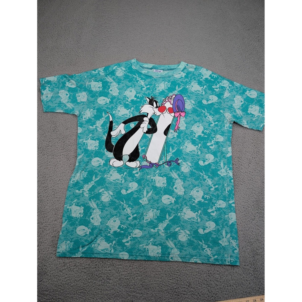 Vintage Looney Tunes Shirt Mens XL Teal Sylvester All Over Print Warner Bros 90s